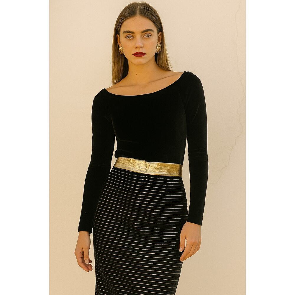 Vintage  Escada Velvet High Waisted Pencil Midi Skirt w/ Gold Waistband Black 36